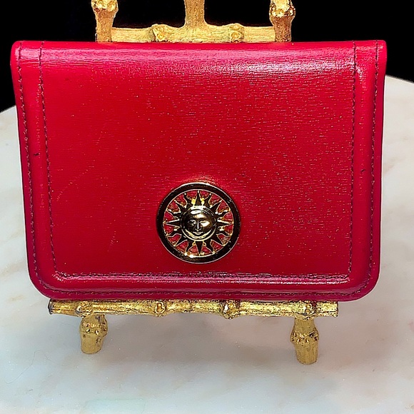 GIANNI VERSACE CARD HOLDER WALLET RED LEATHER GOLD SUN STYLED IN ITALY